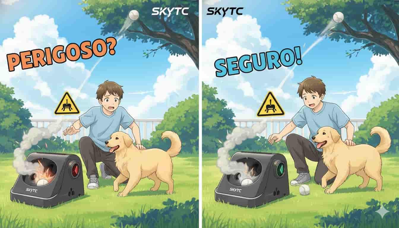 Segurança: Lançador de Bolinha Automático é Perigoso? 10 Comparativo de um jovem e seu cão com um lançador de bolinhas automático, mostrando a questão da segurança (perigoso vs. seguro) com o logo SKYTC.