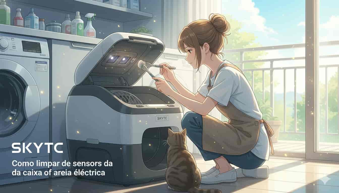 Como limpar sensores da caixa de areia elétrica 10 Uma jovem em estilo anime Makoto Shinkai limpando os sensores de uma caixa de areia elétrica com um pincel, enquanto um gato a observa, em um ambiente doméstico iluminado e com o logo SKYTC.