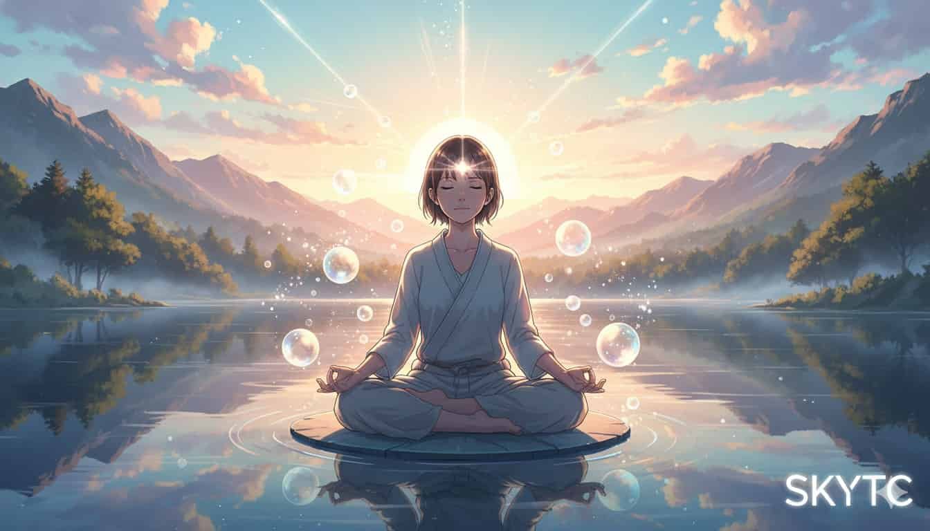 Benefícios da Meditação Mindfulness para o Foco 6 Uma pessoa jovem meditando em posição de lótus sobre uma plataforma flutuante em um lago calmo, ao nascer do sol, com montanhas e florestas ao fundo. Bolhas e raios de luz emanam da pessoa, simbolizando a clareza e o foco. O logo "SKYTC" está visível no canto inferior direito.