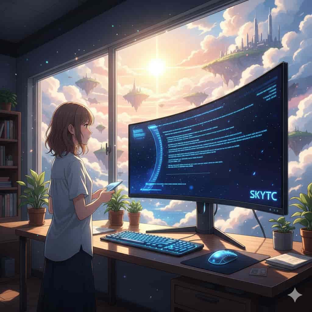 Melhor resolução de monitor para ler textos longos 8 Uma mulher olhando para um monitor curvo com código, em um ambiente claro e inspirador, com a marca SKYTC visível, ideal para leitura de textos longos.