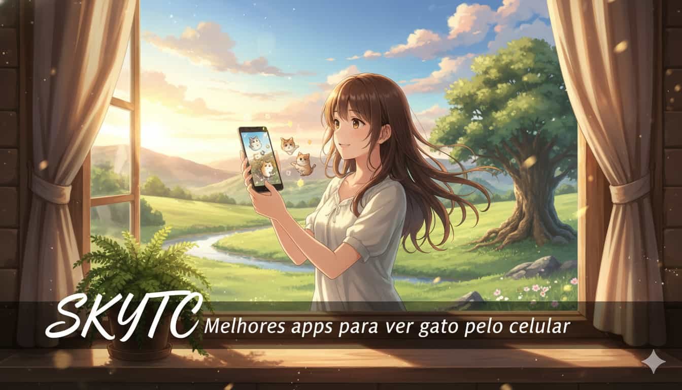 Melhores apps para ver gato pelo celular 8 Uma jovem sorridente interagindo com seu celular, exibindo aplicativos com gatos fofos, em uma cena inspirada em Makoto Shinkai, com a janela aberta para uma paisagem ensolarada e o logo SKYTC.