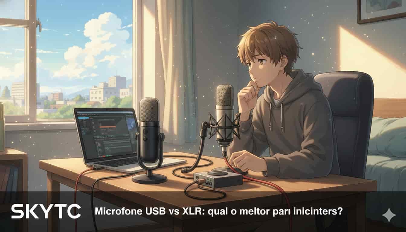 Microfone USB vs XLR: qual o melhor para iniciantes? 2 Um jovem em estilo anime Makoto Shinkai, pensativo em seu quarto, com um microfone USB e um microfone XLR com interface de áudio sobre a mesa, ao lado de um notebook, e o logo SKYTC.