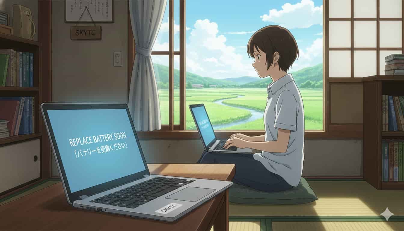 Jovem em casa olhando para notebook com aviso "troque sua bateria", ilustração estilo Makoto Shinkai, SKYTC