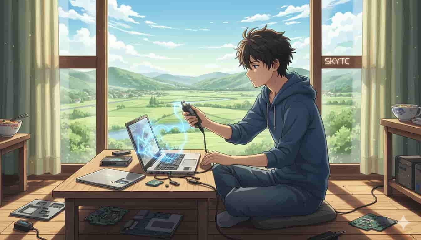 Notebook não reconhece o carregador: o que testar 2 Jovem testando carregador de notebook com problema, em estilo anime Makoto Shinkai, com o logo SKYTC visível.