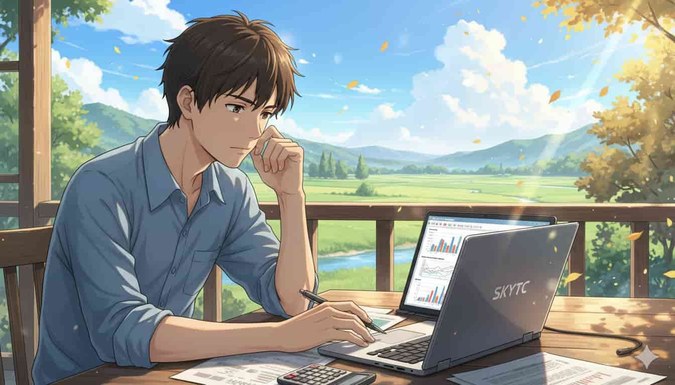 Como escolher o melhor notebook para trabalhar com finanças 2 Homem trabalhando com notebook de finanças da SKYTC em cenário anime