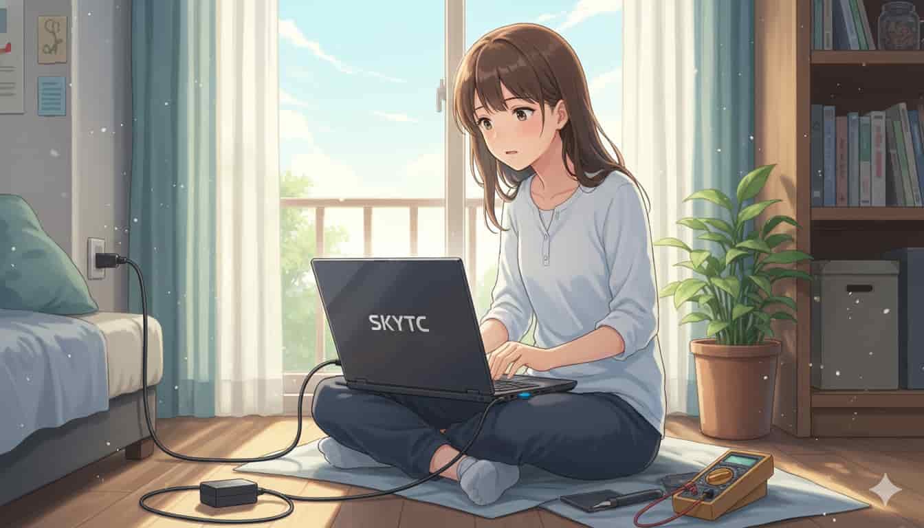 Uma jovem sentada no chão, usando seu notebook SKYTC que está conectado à tomada, com um multímetro próximo, indicando um diagnóstico técnico.