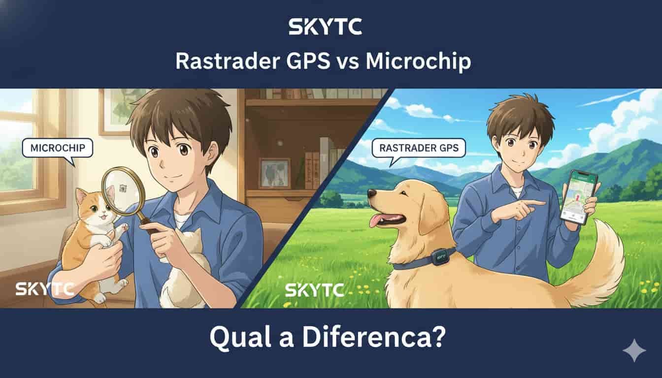 Jovem examinando gato com microchip e outro jovem rastreando cão com GPS e app SKYTC, ilustrando a diferença entre as tecnologias.