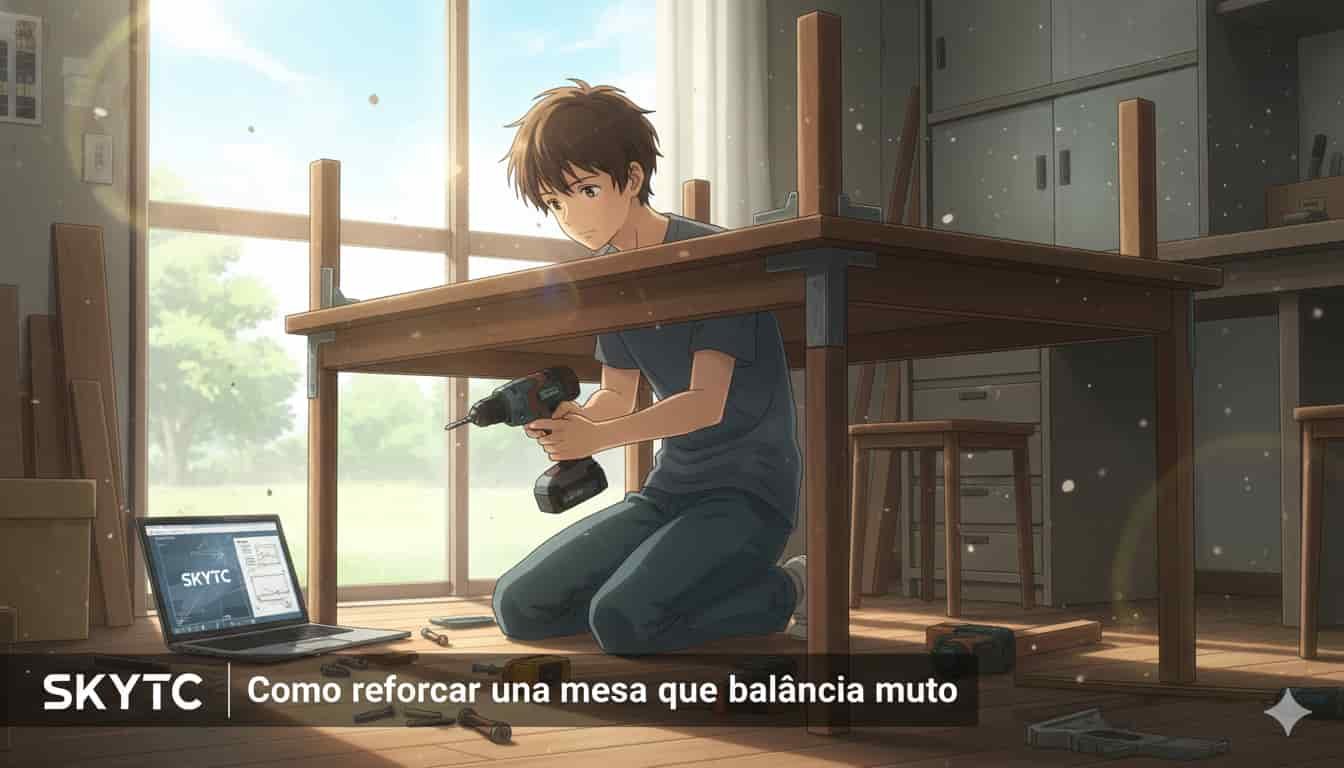 Um jovem em estilo anime Makoto Shinkai, agachado sob uma mesa de madeira, usando uma parafusadeira para reforçá-la, com um notebook exibindo o logo SKYTC ao lado, em uma oficina iluminada.