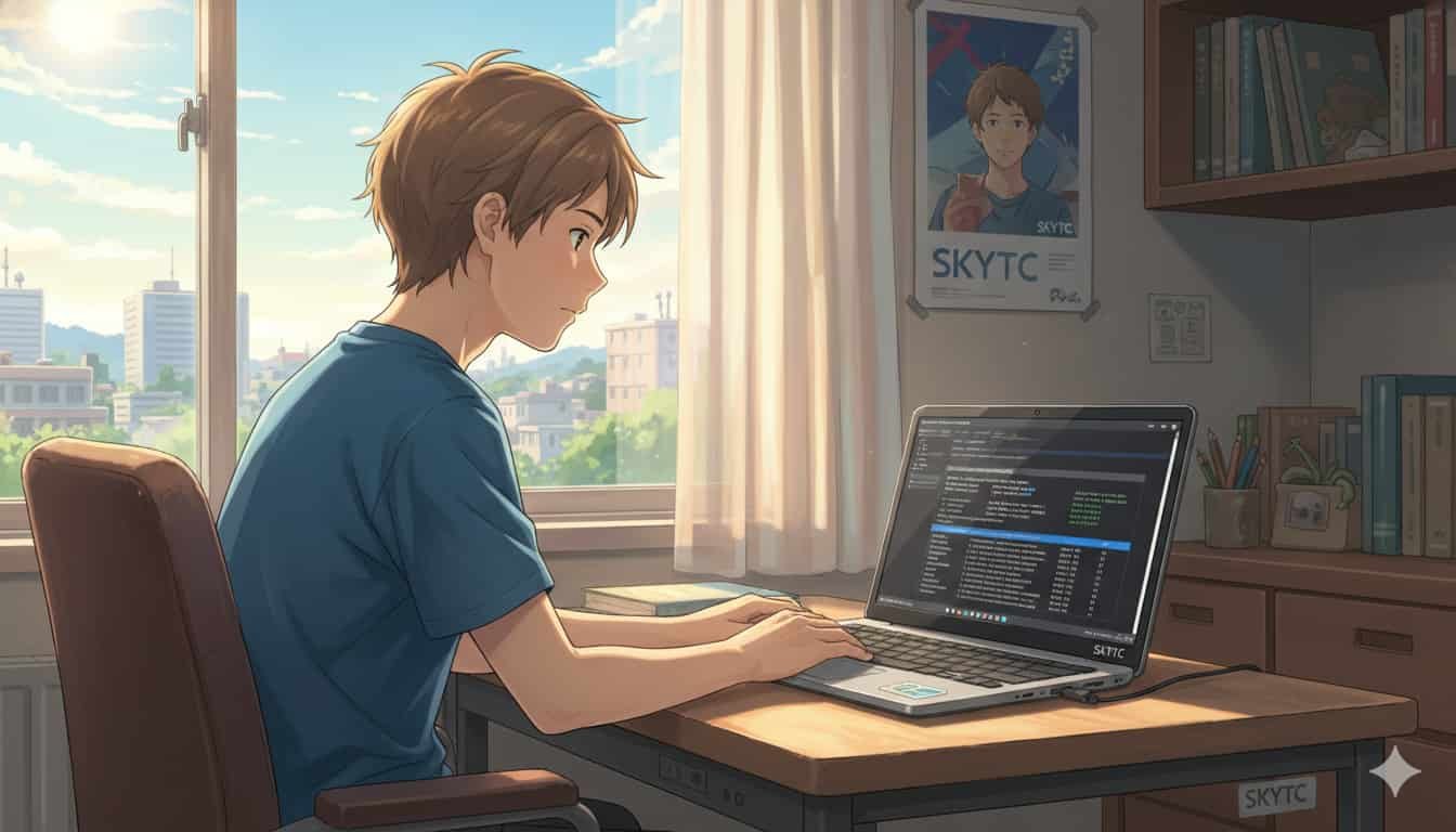Como ver a saúde da bateria do notebook no Windows 2 Jovem em seu quarto verificando a saúde da bateria do notebook no Windows, ilustração estilo Makoto Shinkai, SKYTC