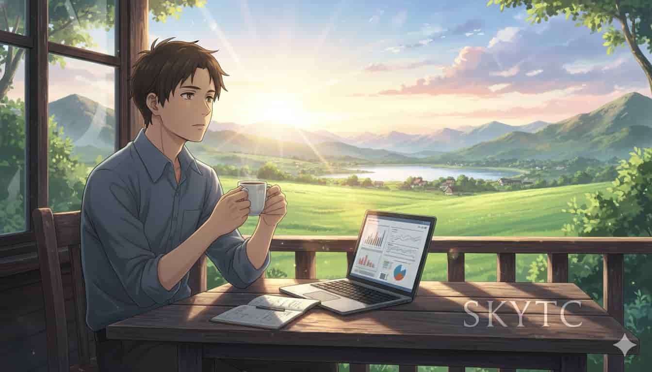 Como o Sono Afeta a Tomada de Decisão em Líderes 1 Um líder pensativo tomando café da manhã em uma varanda com vista para um vale verdejante, com um laptop aberto exibindo gráficos, refletindo sobre o impacto do sono em suas decisões. O logo "SKYTC" está visível na mesa.
