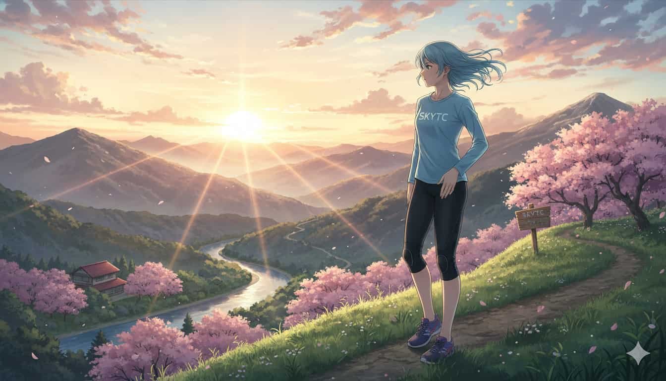 Suplementos para Articulação de Corredores: O Guia Definitivo para sua Longevidade 8 Uma corredora de anime com camisa SKYTC, observando o nascer do sol em montanhas com cerejeiras, simbolizando articulações saudáveis.