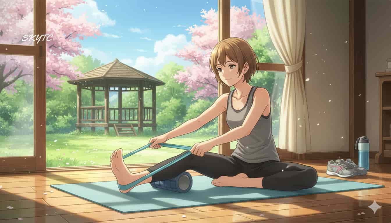 Como Voltar a Treinar após Lesão no Tornozelo 2 Jovem mulher em recuperação de lesão no tornozelo, fazendo exercícios com faixa elástica em casa, estilo anime Makoto Shinkai, com o logo SKYTC.