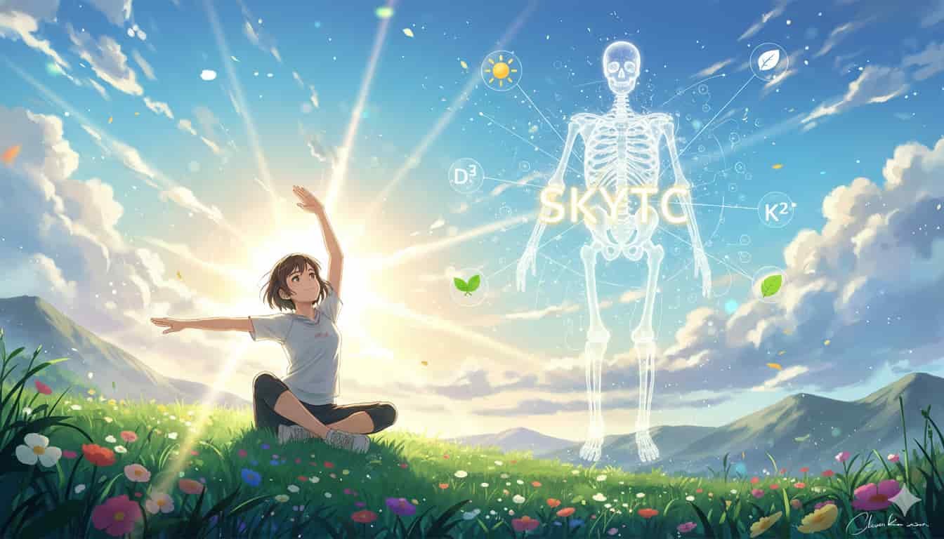 Como a Vitamina D3 e K2 Atuam na Saúde Estrutural 3 Mulher feliz em campo florido absorvendo sol com esqueleto holográfico ao lado, mostrando atuação de Vitamina D3 e K2 na saúde estrutural.