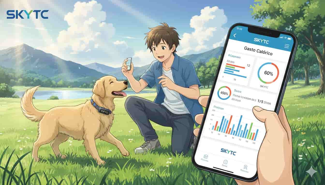 Jovem interagindo com golden retriever usando wearable de monitoramento de gasto calórico, com aplicativo SKYTC na mão, em cenário natural.