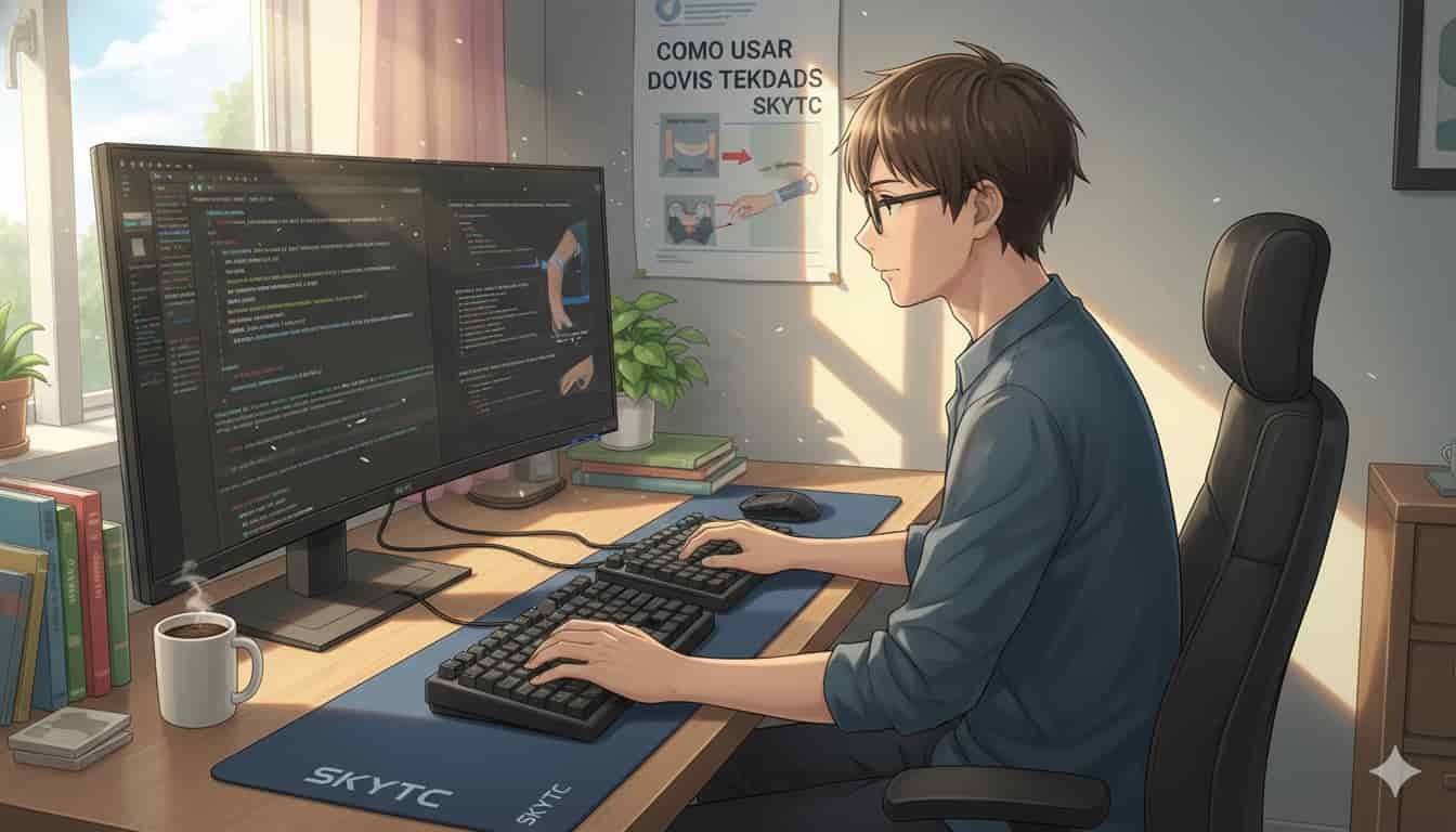 Homem usando dois teclados SKYTC em setup ergonômico, evitando dores no pulso, em ambiente de trabalho claro.
