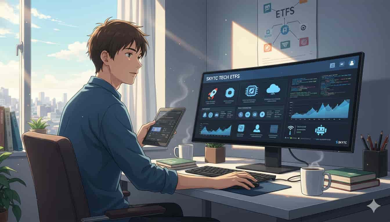 Homem analisando gráficos de ETFs de tecnologia SKYTC em monitor e tablet, em escritório moderno.