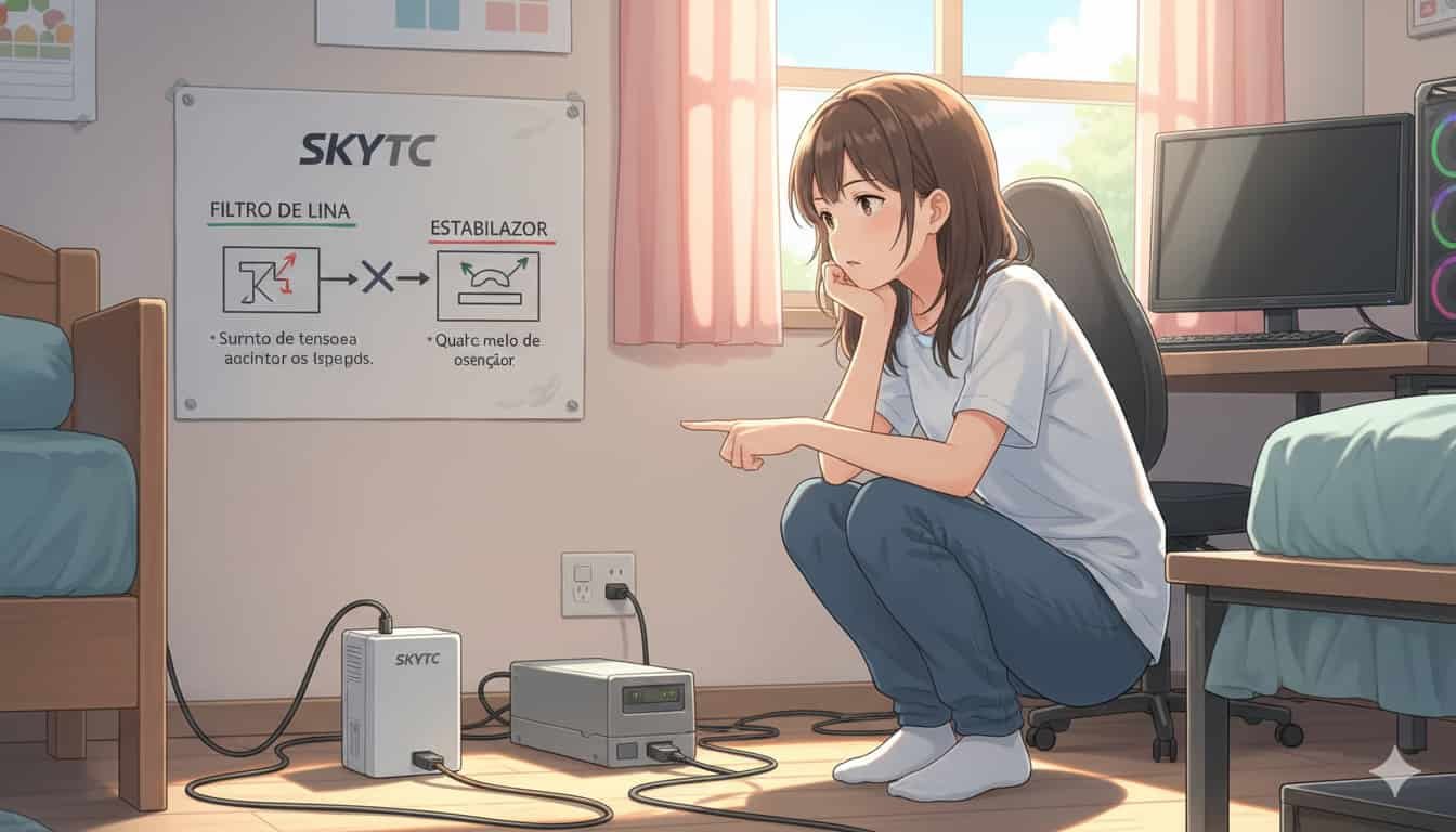 Jovem apontando para filtro de linha e estabilizador SKYTC, pensando na escolha em seu quarto.