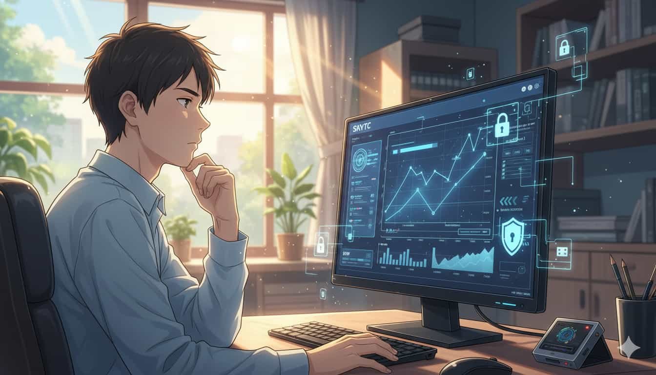 O que são stablecoins e por que elas trazem segurança 2 Homem analisando gráficos de stablecoins SKYTC em computador, com ícones de segurança e blockchain.