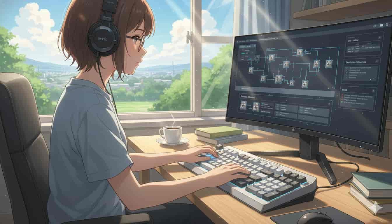 Teclado mecânico silencioso: switches ideais 2 Jovem com fones de ouvido SKYTC usando teclado mecânico silencioso em ambiente claro, focada na tela do computador.