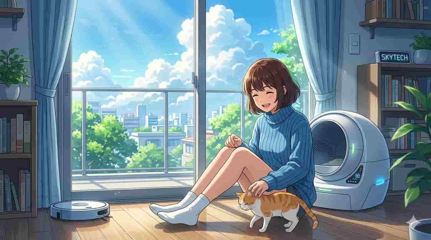 Vantagens da Caixa de Areia que Limpa Sozinha: Mais Tempo Livre e Menos Cheiro! 4 Ilustração estilo anime Skytech de uma pessoa feliz ao lado de uma caixa de areia que limpa sozinha em sala ensolarada.