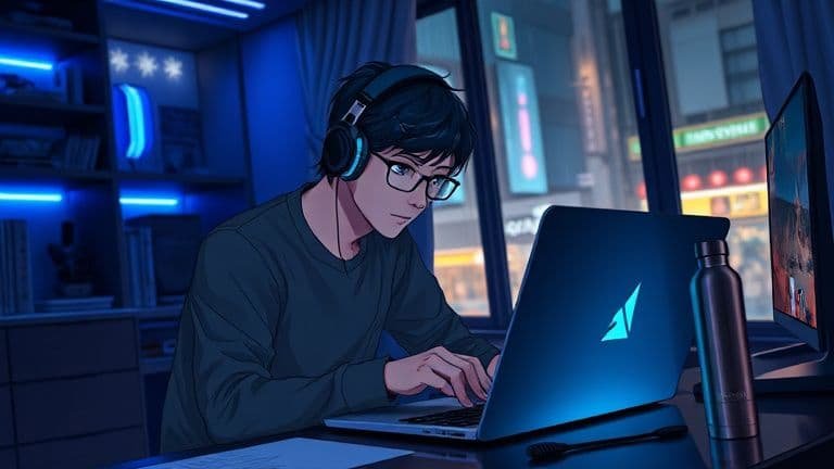 Homem em quarto gamer ajustando o volume baixo em um notebook SKYTECH potente.