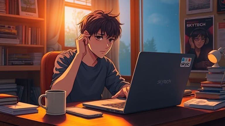 Homem em estilo anime analisando notebook com som chiando em um escritório Skytech.