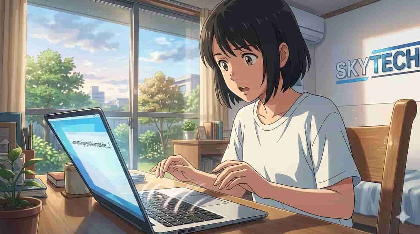 Teclado de notebook digitando sozinho: como corrigir 2 Ilustração estilo anime de um notebook SKYTECH com teclas movendo-se sozinhas em um ambiente iluminado.