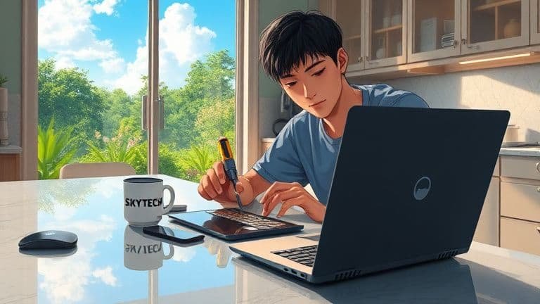 Ilustração anime de um homem consertando teclado de notebook SKYTECH em uma cozinha iluminada pelo sol.