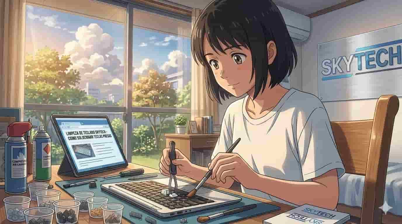 Ilustração estilo anime de uma pessoa limpando cuidadosamente as teclas de um notebook SKYTECH em um ambiente iluminado.