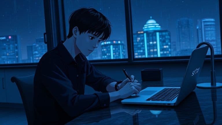Homem em uma cozinha moderna estilo anime salvaguardando chaves privadas de criptomoedas com dispositivo SKYTECH.