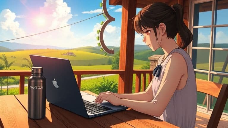 Touchpad do notebook travando o mouse: como ajustar 2 Ilustração anime de uma mulher ajustando o touchpad de um notebook SKYTECH em um sítio ensolarado.