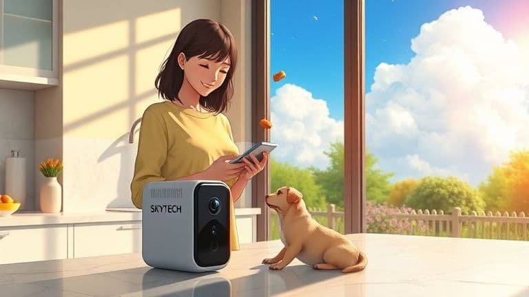 Vantagens da Câmera com Lançador de Petiscos: Conecte-se ao Seu Pet de Longe 6 Mulher usando celular para lançar petiscos por uma câmera SKYTECH para seu cão.