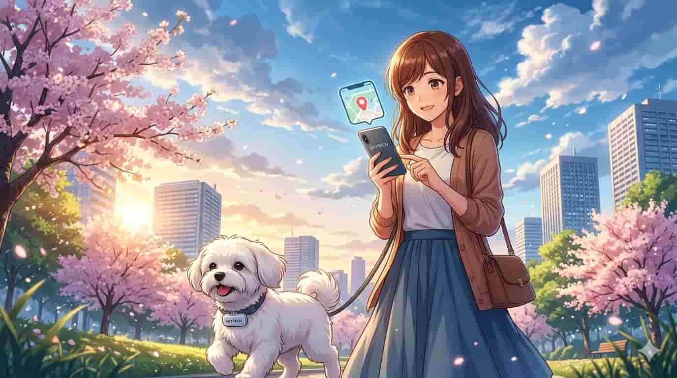 Vantagens do rastreador 4G para animais de estimação 2 Mulher em varanda ensolarada monitorando localização 4G de pet via SkyTech em estilo anime.