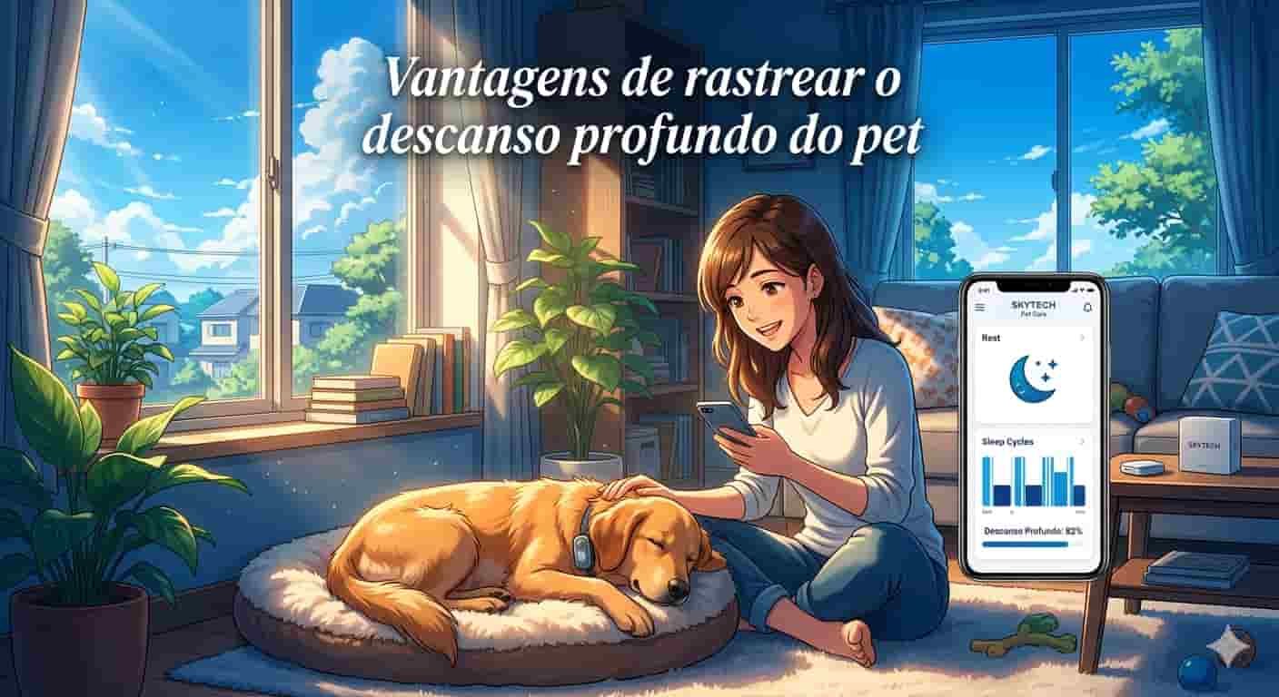 Vantagens de rastrear o descanso profundo do pet 1 Jovem monitorando o sono profundo de seu cão via tecnologia SKYTECH em estilo anime Makoto Shinkai.