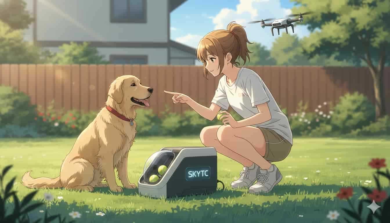 Treino: Como Ensinar o Cão a Usar Lançador de Bolinha 9 Jovem ensinando golden retriever a usar lançador de bolinhas SKYTC em quintal ensolarado, com drone.