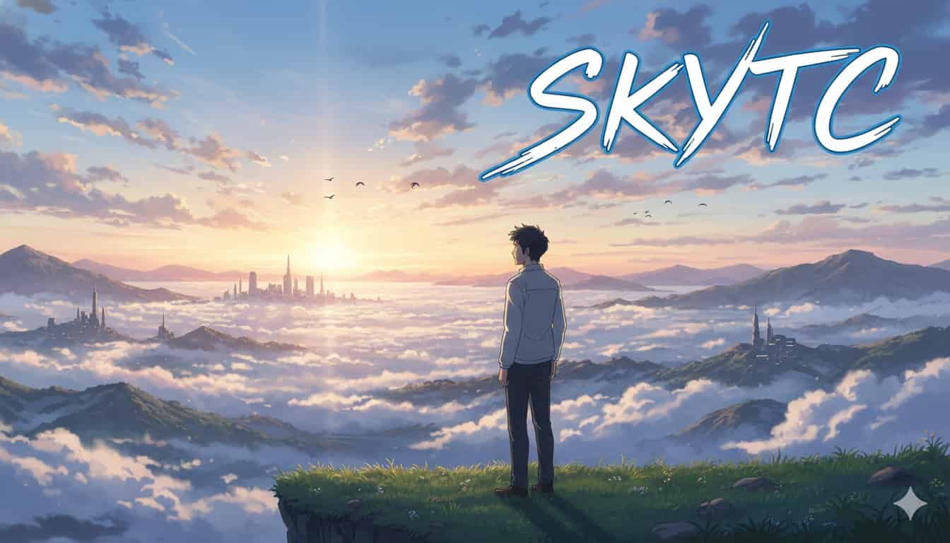 Homem contemplando paisagem com cidades entre nuvens, simbolizando os benefícios do armazenamento em nuvem SKYTC.