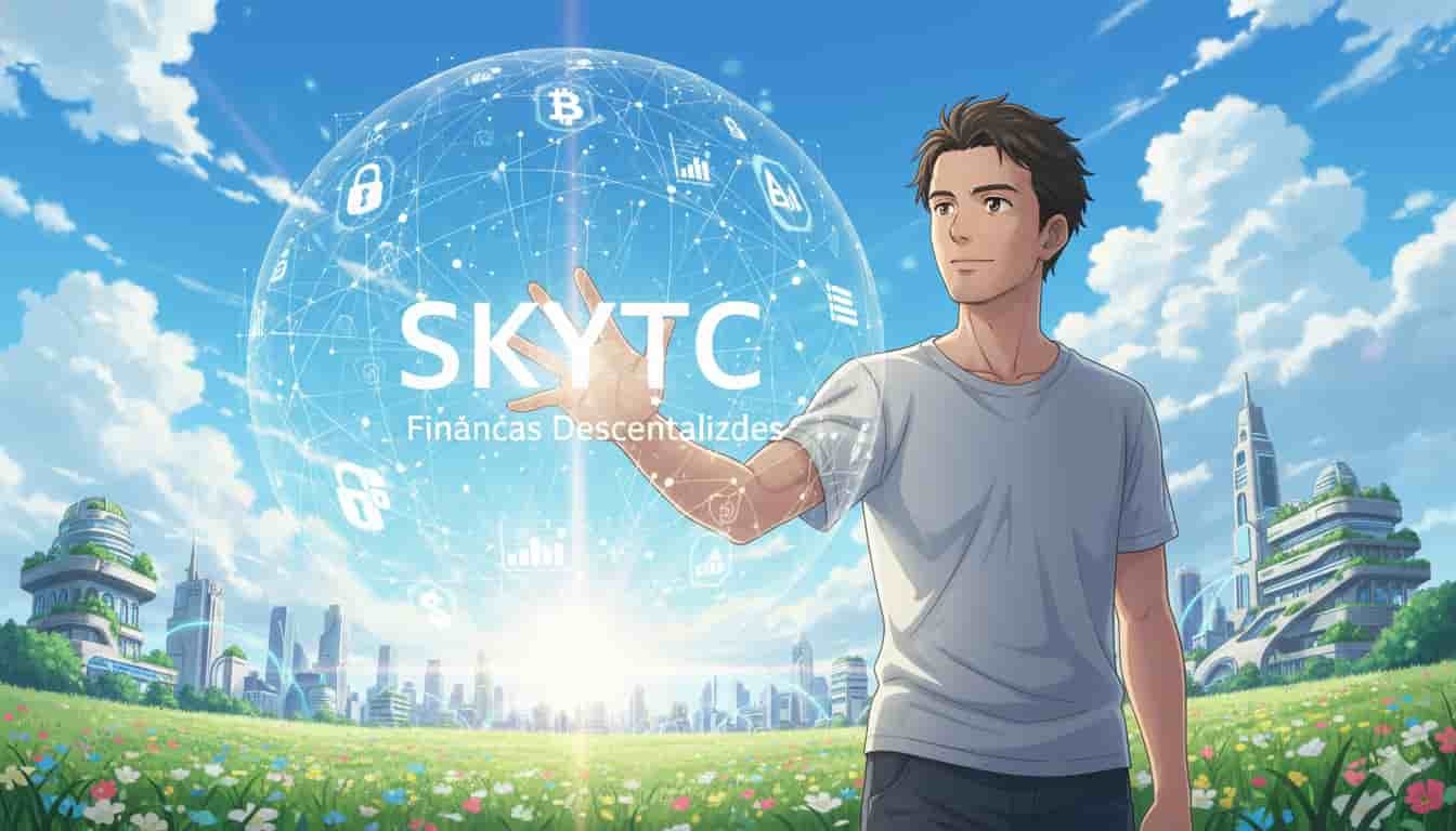 Benefícios de utilizar finanças descentralizadas (DeFi) 10 Homem acima de 30 anos interagindo com esfera holográfica de DeFi com o logo "SKYTC" em um campo florido.