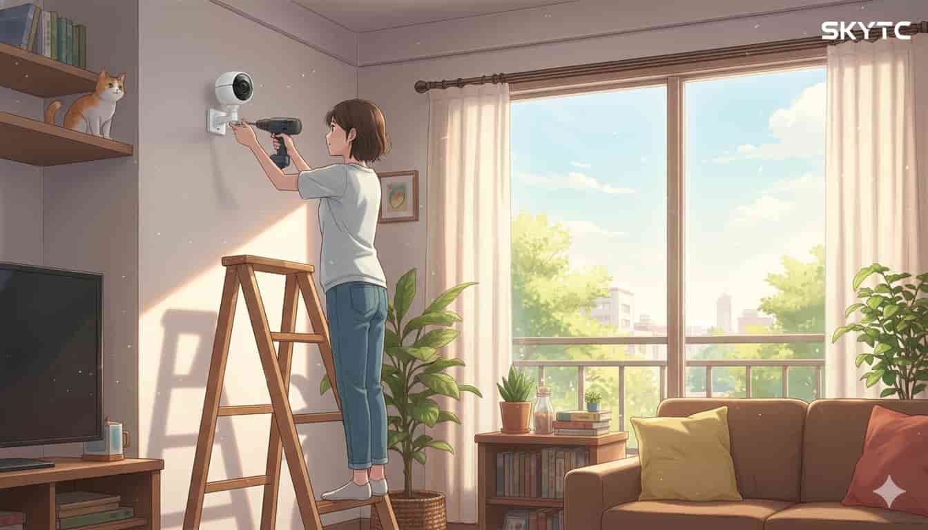Câmera para gato: como instalar no alto 6 Mulher instalando câmera para gato SKYTC no alto da parede com furadeira
