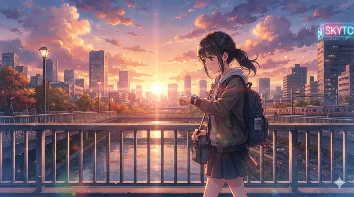 Diferença entre pedômetro e monitor de atividade 9 Ilustração anime estilo Makoto Shinkai de uma garota caminhando em Tóquio ao pôr do sol, usando um relógio monitor de atividade e um pedômetro, com letreiro SKYTC ao fundo.