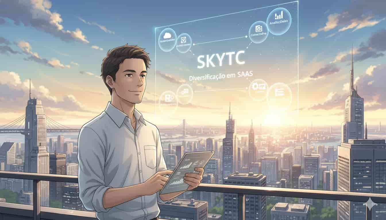 Benefícios de diversificar em ativos de software (SaaS) 2 Homem acima de 30 anos em cobertura de prédio, interagindo com tela holográfica "SKYTC Diversificação em SaaS" sobre cidade.