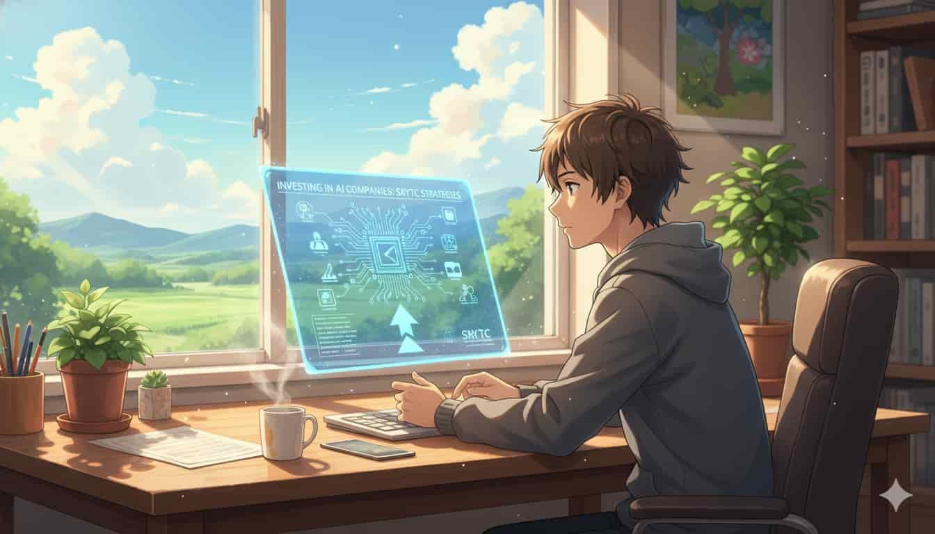 Jovem em casa estudando investimentos em IA com um painel holográfico SKYTC, vista para a natureza.