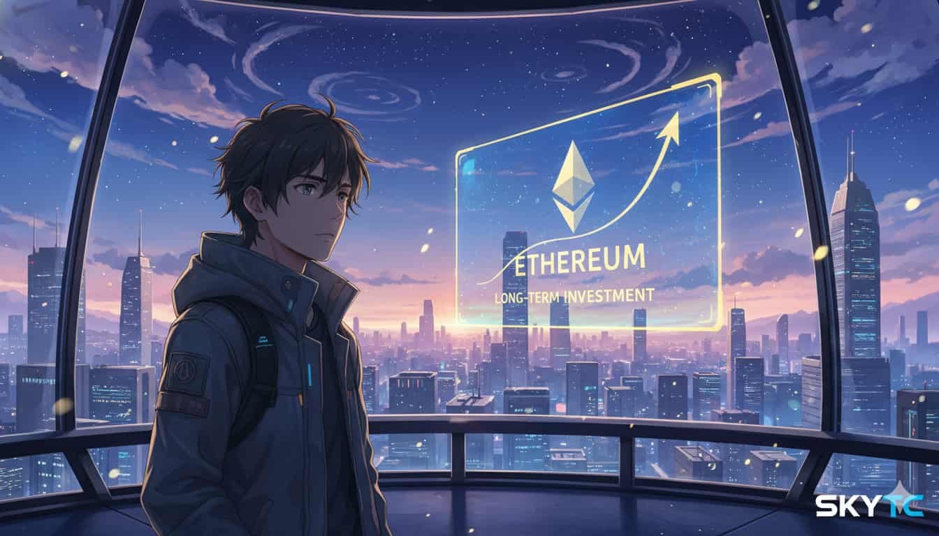 Jovem pensativo observando o gráfico de Ethereum para investimento de longo prazo SKYTC, com uma vista da cidade ao entardecer.