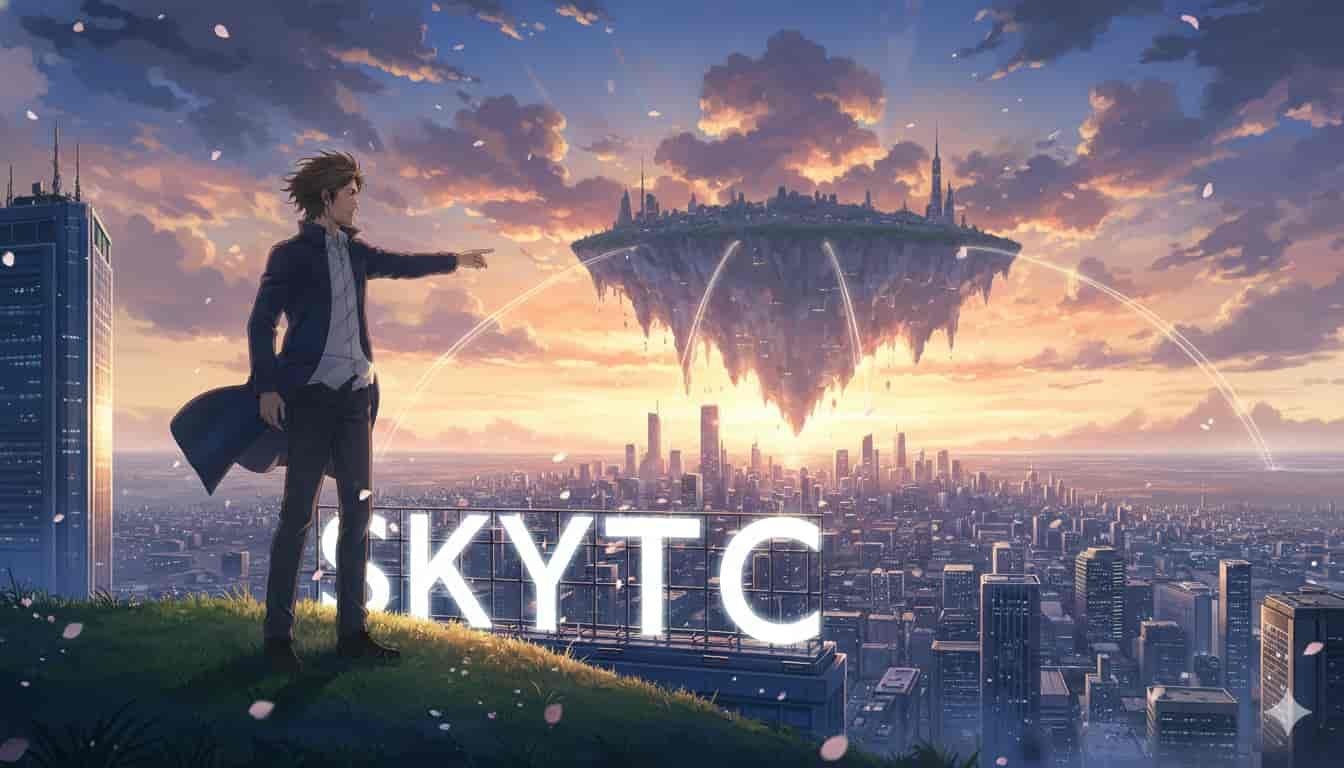 Homem acima de 30 anos observando cidade futurista com "SKYTC" visível, representando marketing de afiliados tech.