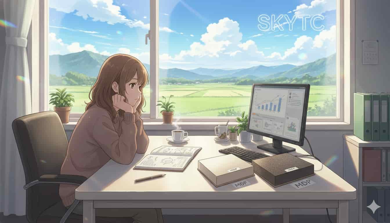 Mesa de escritório em MDF ou MDP: qual dura mais? 7 Mulher pensativa em mesa de escritório com caixas MDF e MDP, janela com paisagem, e logo SKYTC.