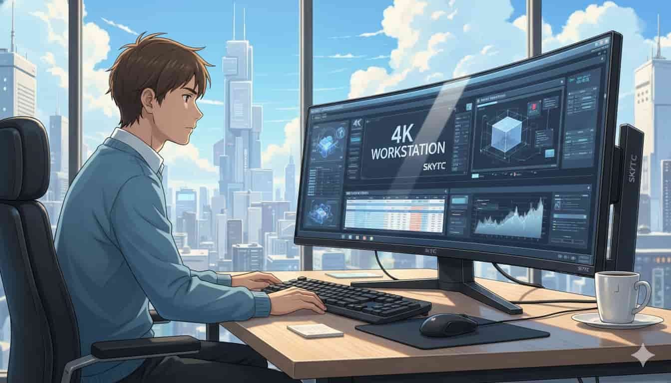 Monitor 4K no trabalho: ganho real ou luxo? 5 Homem trabalhando em um monitor 4K curvo em escritório moderno com vista para a cidade, logo SKYTC.