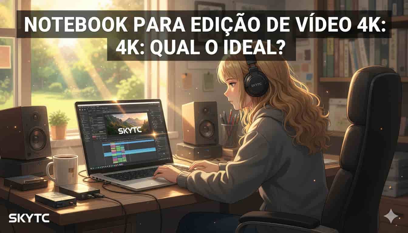Notebook para edição de vídeo 4K: qual o ideal? 2 Mulher editando vídeo 4K em notebook, fones de ouvido, logo SKYTC.