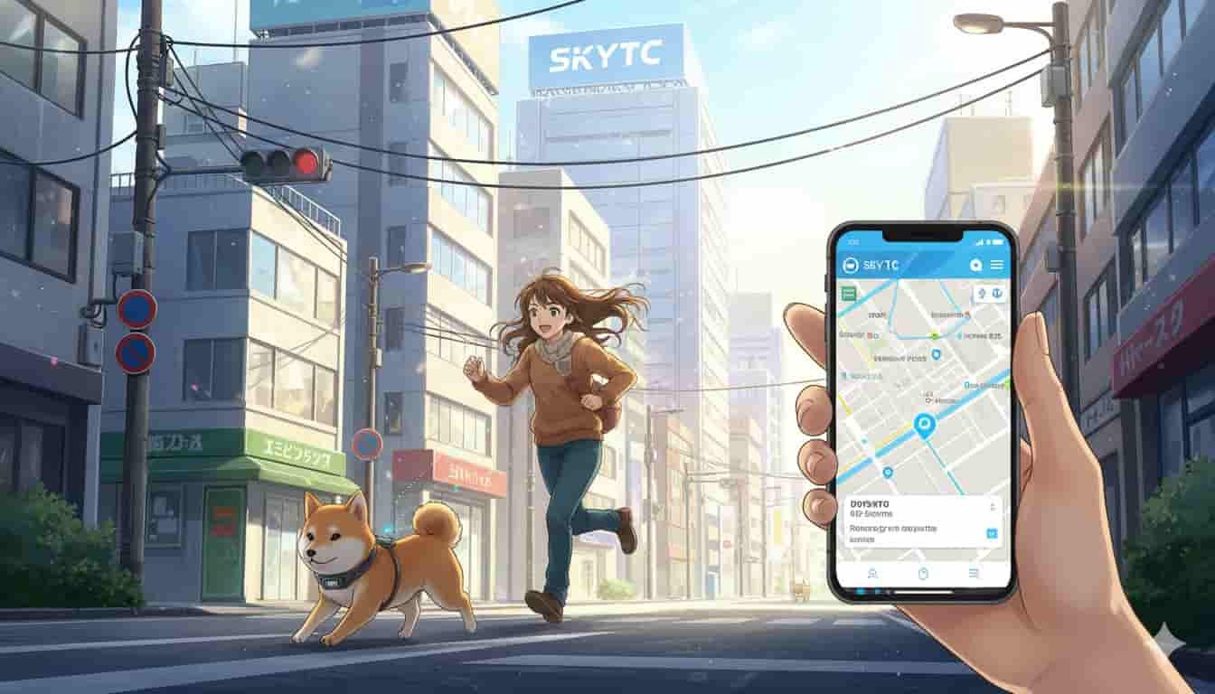 Precisão do rastreador GPS pet em áreas urbanas 8 Jovem correndo com Shiba Inu usando rastreador GPS pet SKYTC em rua urbana