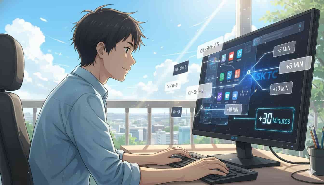 Melhores atalhos de teclado para ganhar 30 min por dia 2 Jovem usando atalhos de teclado para aumentar produtividade com o logo SKYTC.