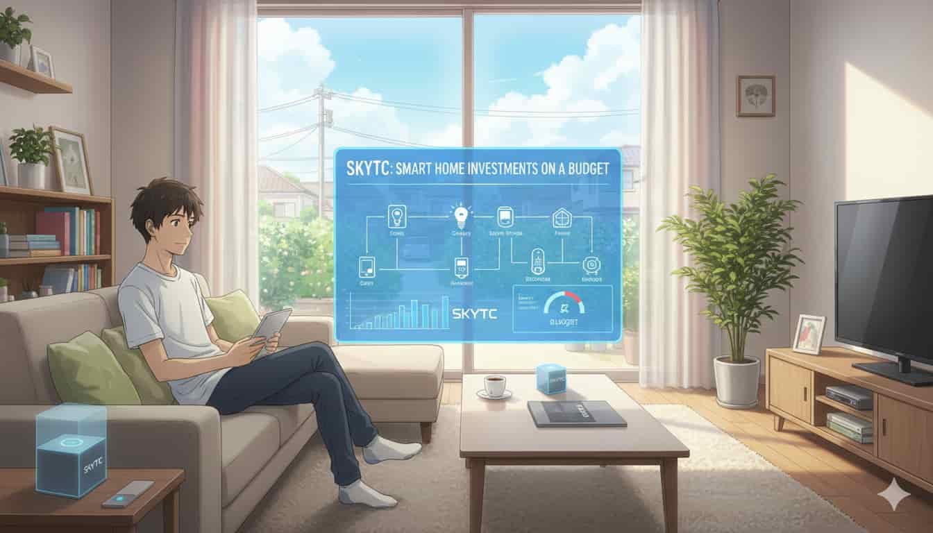 Como investir em dispositivos de casa inteligente com economia 2 Uma mulher gerencia dispositivos de casa inteligente de forma econômica em um apartamento com vista para a cidade, estilo anime Makoto Shinkai, com o logo SKYTC.