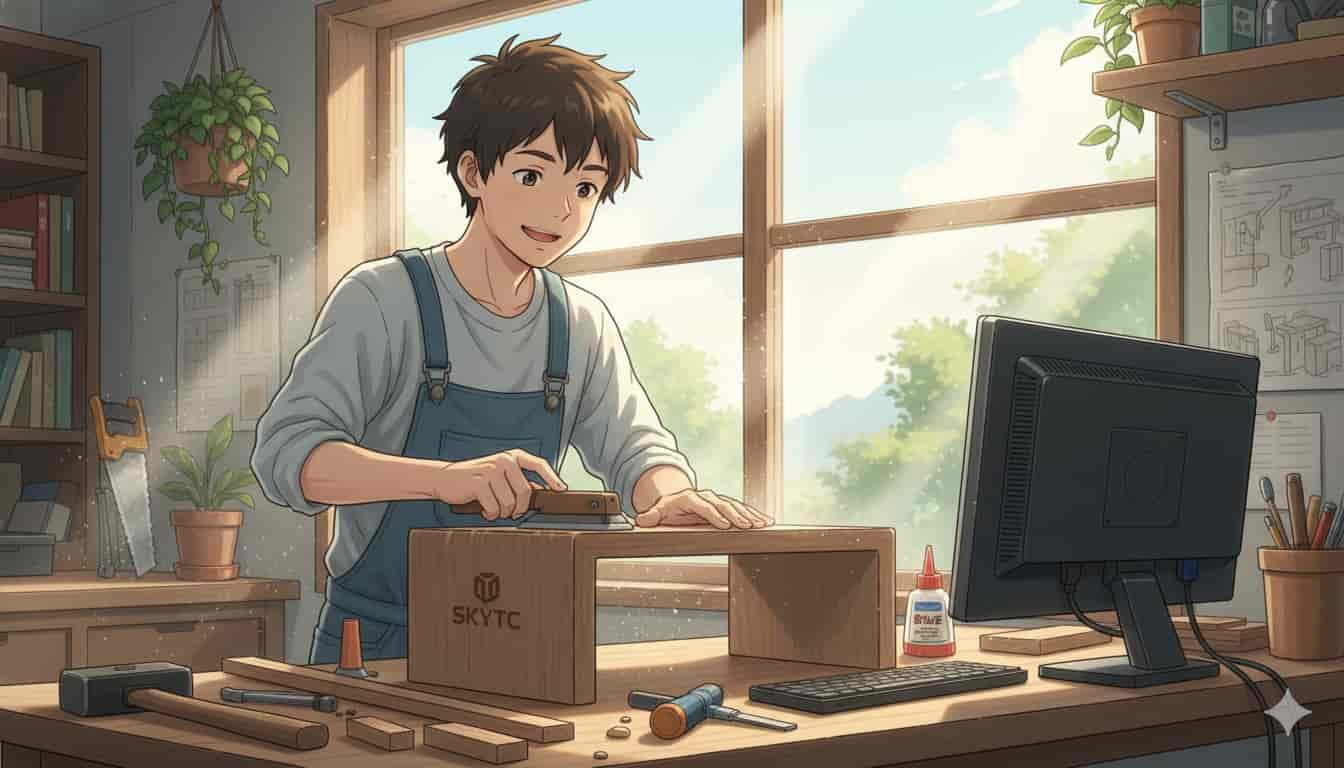 Jovem construindo um suporte de monitor de madeira em projeto DIY com logo SKYTC.
